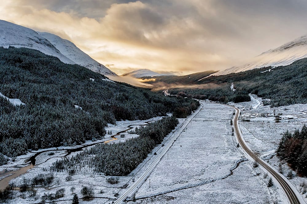 Scotland Highlands Winter Aerial View